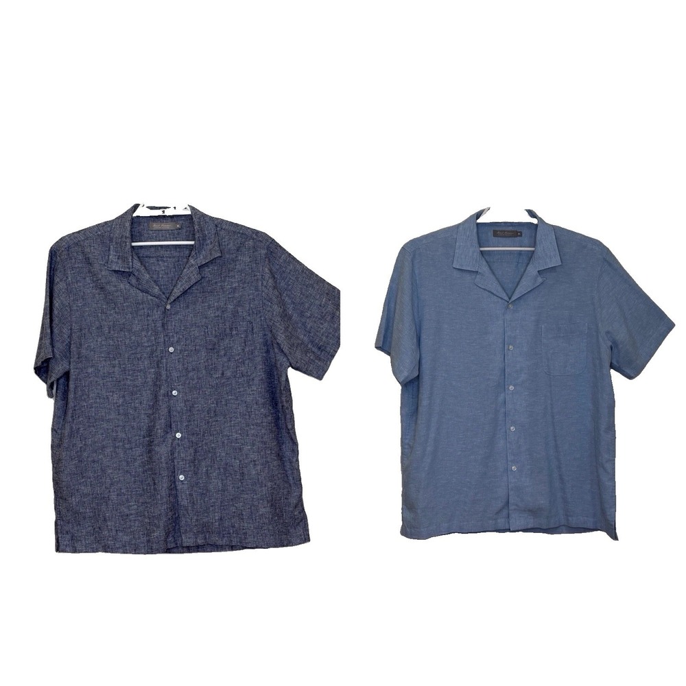 Daniel Cremieux Shirt Mens XL Lot of 2 Blue Linen Blend Button Up Short Sleeve‎